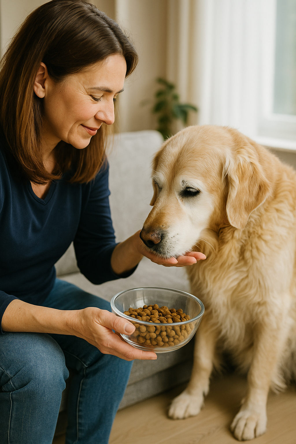 Mujer alimentando a su perro